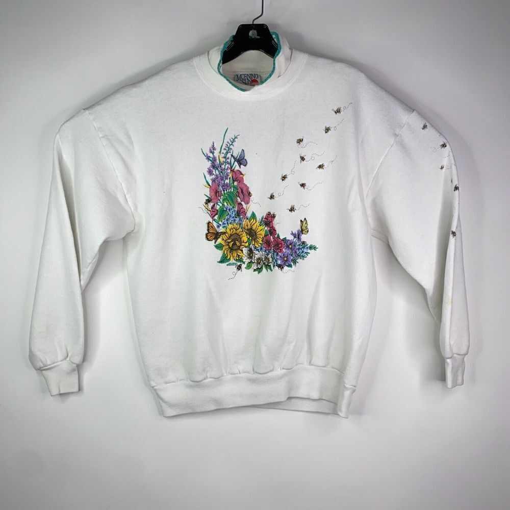 Vintage Honey Bees Pollenating Adult Size XL White Sweatshirt Made In U.S.A.